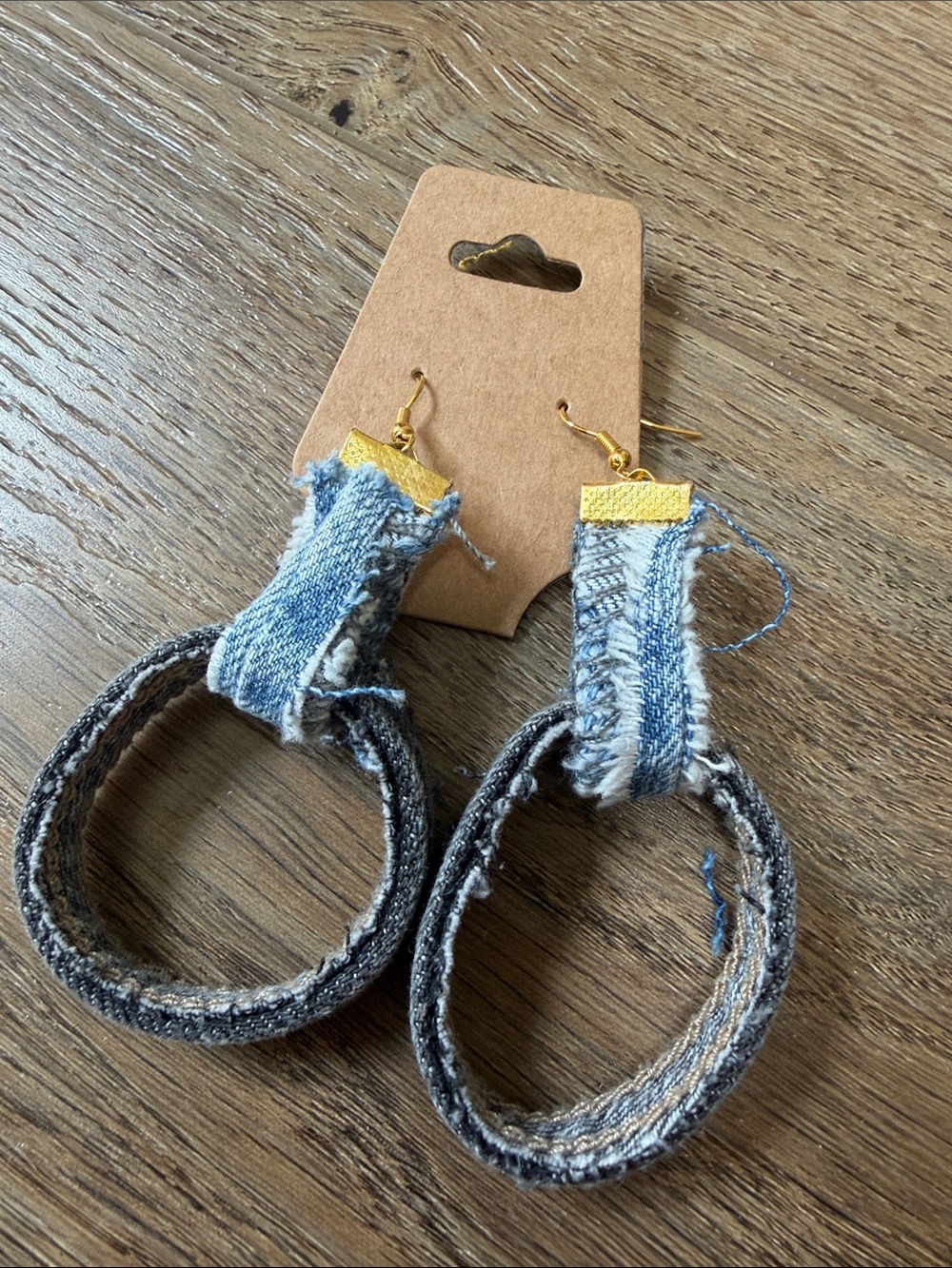 Denim Loop Drop Earrings with Gold Accents - Blue